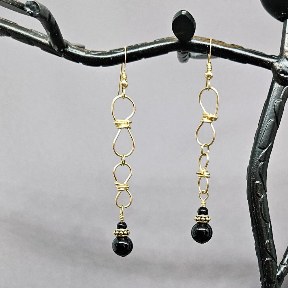 Earrings Genuine Black Onyx Wrapped w/14K Gold Filled Wire NWOT Handmade 3"